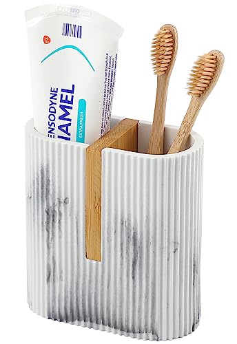 Toothbrush Holders for Bathroom, Bamboo Toothbrush Stand, Marble White | Electric Toothbrush and Toothpaste Organizer for Bathroom Sink Countertop Storage, Modern Brushing Accessories