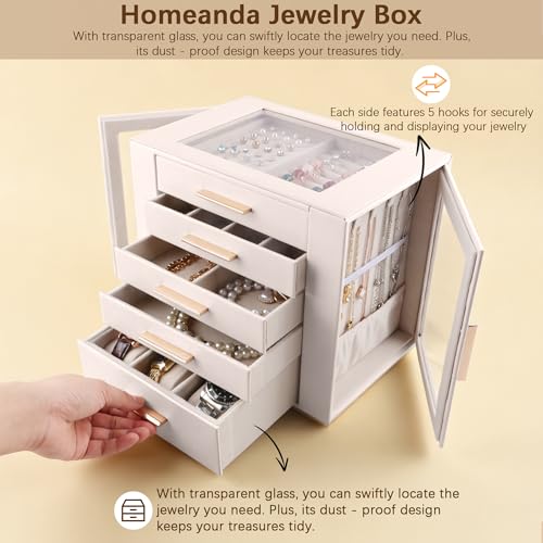 Homeanda Jewelry Boxes with Glass Lid, 5-Layer Large PU Leather, Beige | Modern style 10.2 x 7.1 x 9.5 inches vanity storage for rings, earrings, necklaces, bracelets and watches