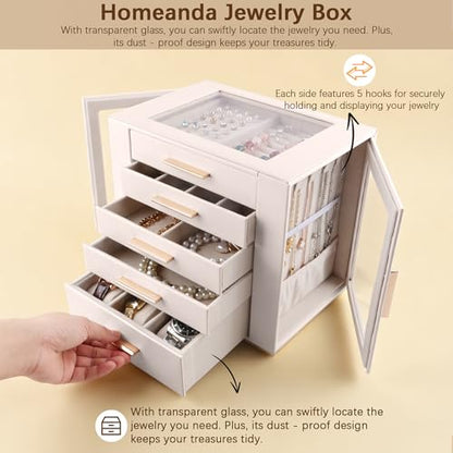 Homeanda Jewelry Boxes with Glass Lid, 5-Layer Large PU Leather, Beige | Modern style 10.2 x 7.1 x 9.5 inches vanity storage for rings, earrings, necklaces, bracelets and watches