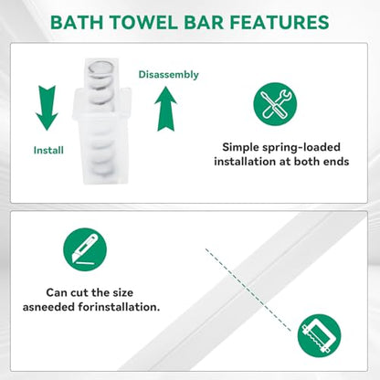 24-Inch Spring End Wall-Mounted Towel Bar, Adjustable Sturdy Plastic Towel Holder for Bathroom Kitchen Towel Storage White