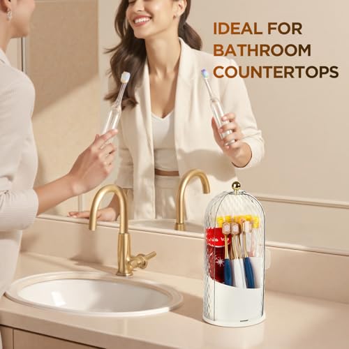 3 Slots Rotating Toothbrush Holders with Lid for Bathroom | Coverd Tooth Brush Holders for Countertop, Concealed Makeup Brush Holder, Toothpaste Holder-White