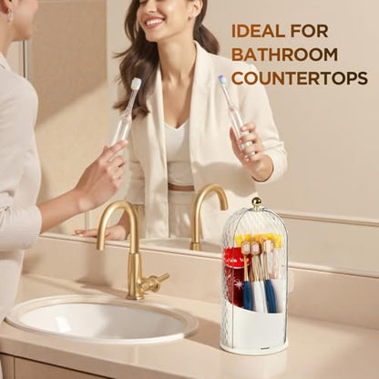 3 Slots Rotating Toothbrush Holders with Lid for Bathroom | Coverd Tooth Brush Holders for Countertop, Concealed Makeup Brush Holder, Toothpaste Holder-White