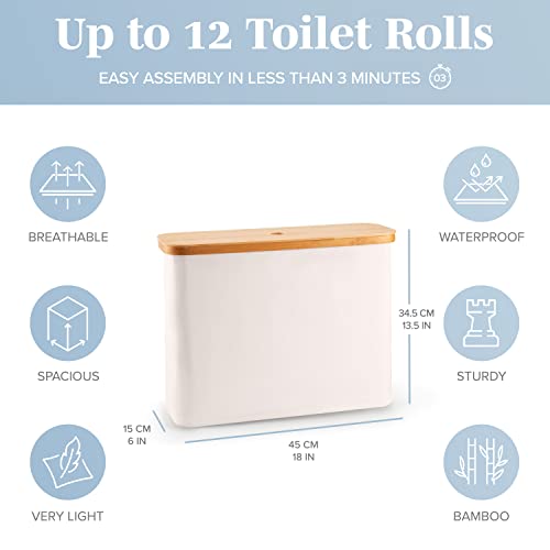 LONBET Toilet Paper Storage for 12 Rolls, Stackable & Foldable - The Ultimate Bathroom Organizer - Waterproof Basket with Bamboo Lid - Elegant Toilet Paper Storage Holder, Beige