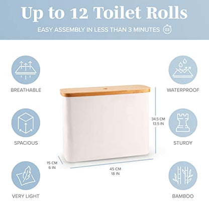 LONBET Toilet Paper Storage for 12 Rolls, Stackable & Foldable - The Ultimate Bathroom Organizer - Waterproof Basket with Bamboo Lid - Elegant Toilet Paper Storage Holder, Beige