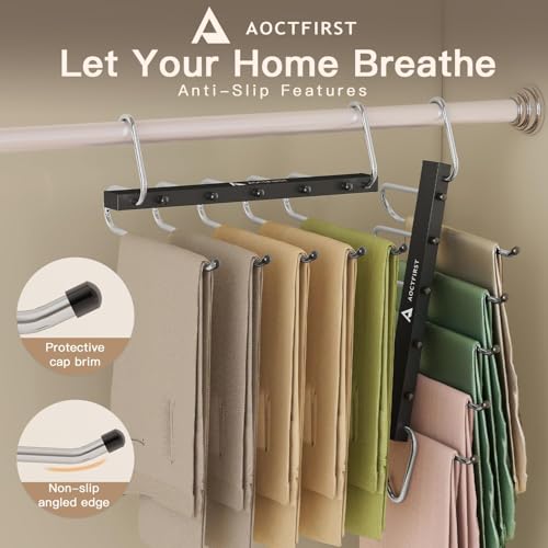 6 Pack Pants Hangers Space Saving,Closet Hanger Space Saver,Black | Stainless Steel, 5 Multi Tiers Compact Hanging Jeans Organizer,Vertical Pant Rack for Jean Leggings Trousers,Scarf