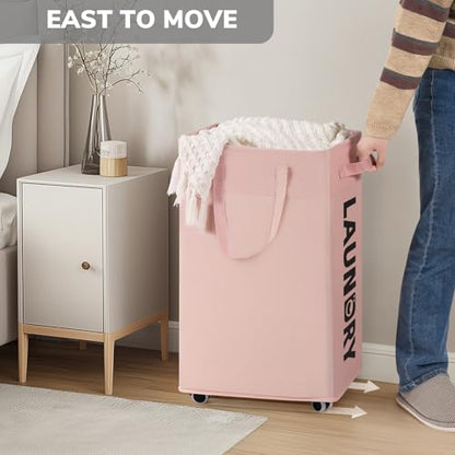 Goodpick 75L Laundry Hamper with Wheels, Dorm Room Essentials for Girls | Laundry Basket with Wheels, Collapsible Laundry Basket, Rolling Laundry Hamper with Handle for College Dorm,Pink