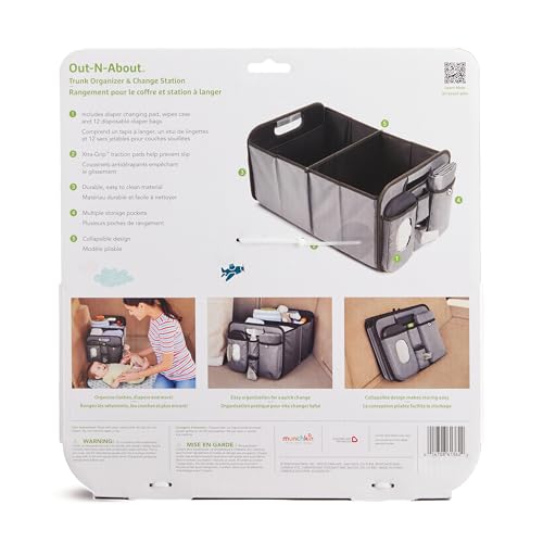 Munchkin Out-n-About Trunk Organizer for SUVs and Cars with Portable Changing Pad and Wet Baby Wipes for Diaper Changes On-the-Go, Collapsible, Grey