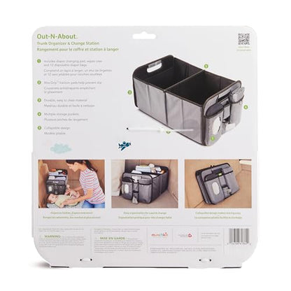 Munchkin Out-n-About Trunk Organizer for SUVs and Cars with Portable Changing Pad and Wet Baby Wipes for Diaper Changes On-the-Go, Collapsible, Grey