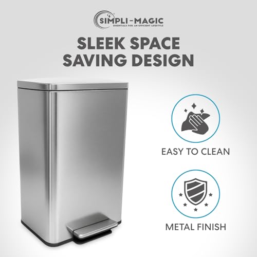 SIMPLI-MAGIC 50 Liter / 13.2 Gallon Soft-Close, Smudge Resistant Trash Can with Foot Pedal and Built in Filter- Stainless Steel, Sleek Finish
