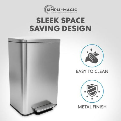 SIMPLI-MAGIC 50 Liter / 13.2 Gallon Soft-Close, Smudge Resistant Trash Can with Foot Pedal and Built in Filter- Stainless Steel, Sleek Finish