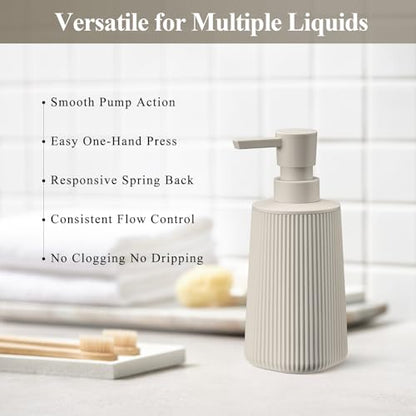 Beige 2 Pack Hand Soap Dispensers Set | with No Rust Pump for Bathroom and Kitchen Countertops Refillable Matte Striped Plastic 8.5 oz