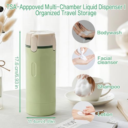 4 in 1 Travel Dispenser Bottle Set, Leakproof TSA Travel Size Containers for Toiletries, Portable Refillable Bottles, Hard Shell Rotating Design with Scale and Labels