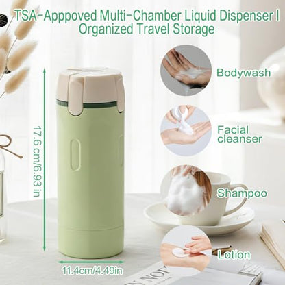 4 in 1 Travel Dispenser Bottle Set, Leakproof TSA Travel Size Containers for Toiletries, Portable Refillable Bottles, Hard Shell Rotating Design with Scale and Labels