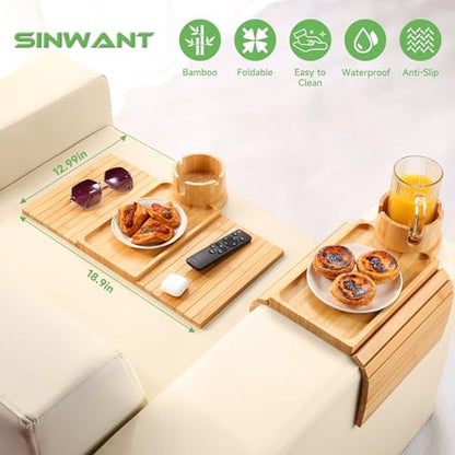 Couch Cup Holder Tray,Large Bamboo Couch Armrest Table with Cup Holder,Foldable Anti-Slip Sofa Arm Tray for Coffee Cup,Water Bottles,Mug,Snacks,Remote