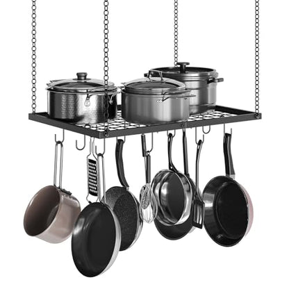 Hanging Pot Rack, Ceiling Mounted Pot Hanger for K... (Black | Metal)