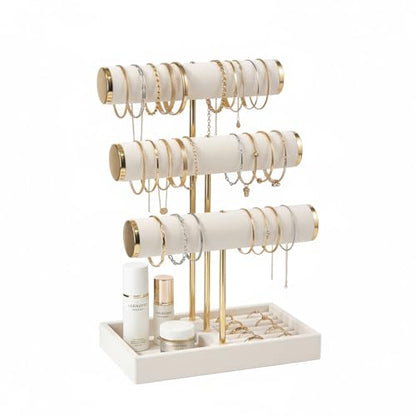 Pangkeep 3 Tier Bracelet Necklace Holder,Jewelry Displays for Vendors,T Bar Velvet Jewelry Stand with Tray,Jewerly Organizer for Bangles Necklace Scrunchie Watches Rings (Beige)