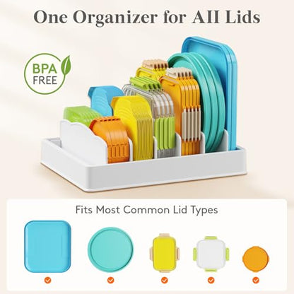 Lifewit Kitchen Cabinet Organizer for Food Contanier Lid, Lid Holder with 6 Adjustable Dividers & 7 Sections for Pantry Organizers and Storage, Home Drawer Organization, Large, 13" x 10"
