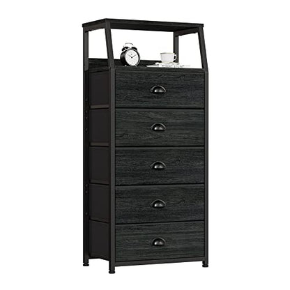 Black Dresser for Bedroom, Fabric Dorm Tall Nightstand | 5 Drawers Chests of drawers, Closet Organizer, Bedside Table Furniture for Living Room, Sturdy Steel Frame, Wood Top