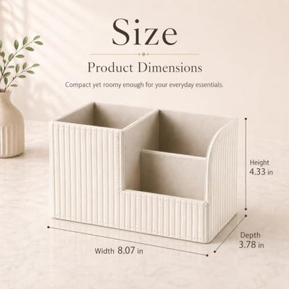 Desk Pen Organizer Office Supplies Caddy Pu Leather Multi-function Storage Box Pen/Pencil,Cell phone, Business Name Cards Remote Control Holder (Ivory White)