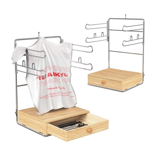 Plastic Bag Holder Chrome T-Shirt Bag Rack with Wooden Brown Base Plastic Bag Organizer for Grocery Store Kitchen Pantry Supermarket Restaurant Business