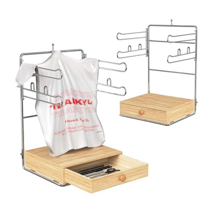 Plastic Bag Holder Chrome T-Shirt Bag Rack with Wooden Brown Base Plastic Bag Organizer for Grocery Store Kitchen Pantry Supermarket Restaurant Business