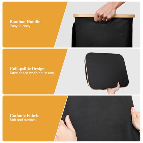 Foluck 100L Laundry Hamper with Lid Removable Bag and Bamboo Handles | Waterproof Self-locking Inner Bag, 3 Different Handles, 600D Cationic Cloth, for Dorm Bedroom Bathroom