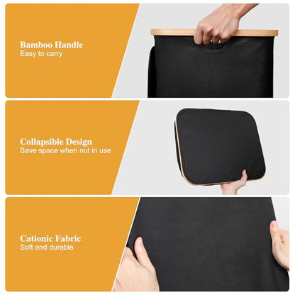 Foluck 100L Laundry Hamper with Lid Removable Bag and Bamboo Handles | Waterproof Self-locking Inner Bag, 3 Different Handles, 600D Cationic Cloth, for Dorm Bedroom Bathroom