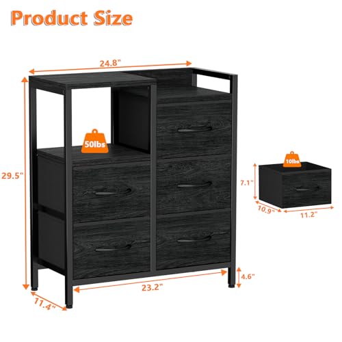 Black Dresser for Bedroom, 5 Drawer Small Fabric Closet Dresser | Small Chest of Drawers, Storage Cabinet Organizer with 2 Tier Shelf, Drawer Units with Metal Frame, Dresser for Dorm, Hallway