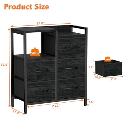 Black Dresser for Bedroom, 5 Drawer Small Fabric Closet Dresser | Small Chest of Drawers, Storage Cabinet Organizer with 2 Tier Shelf, Drawer Units with Metal Frame, Dresser for Dorm, Hallway