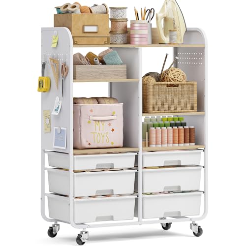 6 Drawers Rolling Storage Cabinet with Wood Top& Pegboards White | Utility Craft Cart with Adjustable Shelves & Lockable Wheels for Classroom, Home Office & Art Studio, Household Organization