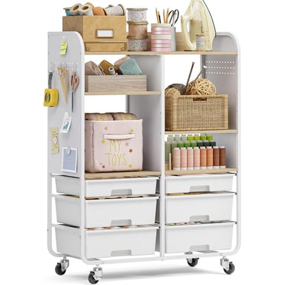 6 Drawers Rolling Storage Cabinet with Wood Top& Pegboards White | Utility Craft Cart with Adjustable Shelves & Lockable Wheels for Classroom, Home Office & Art Studio, Household Organization