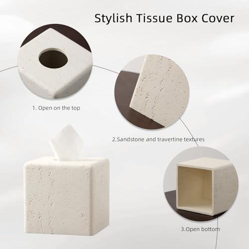 Tissue Box Cover Square, Modern Facial Tissue Holder,Cream | Luxurious Travertine Stone Look, Decorative Toilet Paper Dispenser, For Home Decor Bedroom Living Room Office Hotel Cafe Bar