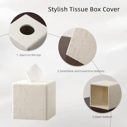 Tissue Box Cover Square, Modern Facial Tissue Holder,Cream | Luxurious Travertine Stone Look, Decorative Toilet Paper Dispenser, For Home Decor Bedroom Living Room Office Hotel Cafe Bar