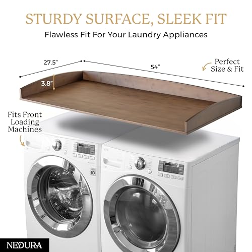 Nedura Washer Dryer Countertop with Anti-Vibration Pads, Curved Edge Rails, Premium Bamboo Laundry Countertop, Washer Dryer Topper, Laundry Room Organization, Laundry Room Accessory – Dark Walnut