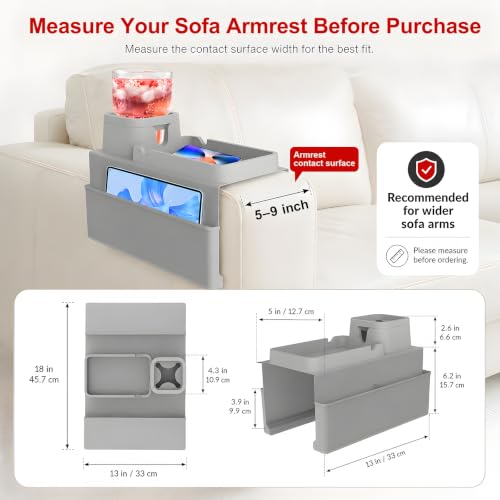 Couch Cup Holder Tray - Silicone Sofa Armrest Organizer Slate Gray | couch caddy with side pockets for drinks, phone, remote; sofa arm chair table arm chair caddy for recliner armrest organizer