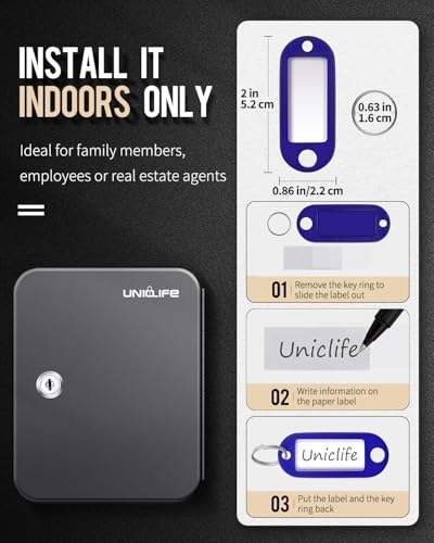 Uniclife 20 Position Key Cabinet with Key Lock Wall Mounted Black Security Storage Box Steel Key Organizer with Colorful Key Tag Labels Stickers and Hooks