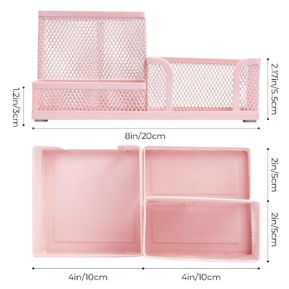 M&G Mesh Pen Holder Desk Organizers Pencil Holder for Desk Pink, 3 Compartments Metal Office Supply Organizer with Sticky Notes Holder for Home Office