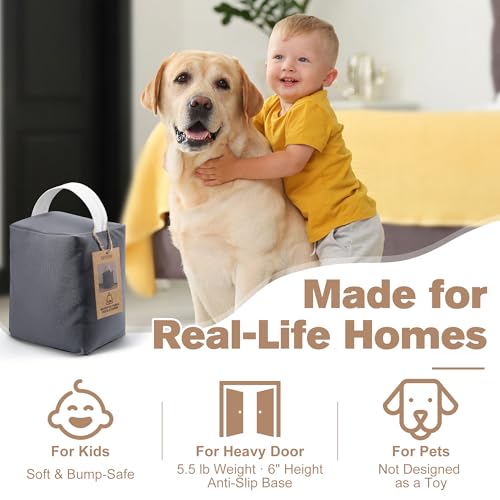 Weighted Door Stopper 5.5 lb - Heavy Duty Fabric Door Weight with Handle, Non-Slip Floor Safe Door Stop for Home, Office, Bedroom & Classroom, Includes 2 Bonus Draft Seal Strips