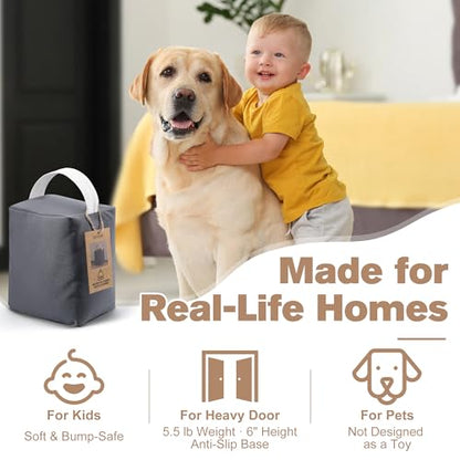 Weighted Door Stopper 5.5 lb - Heavy Duty Fabric Door Weight with Handle, Non-Slip Floor Safe Door Stop for Home, Office, Bedroom & Classroom, Includes 2 Bonus Draft Seal Strips