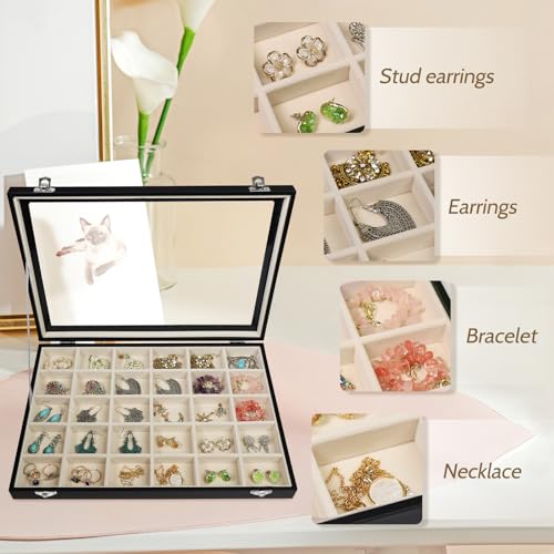 Stratalife 30 Grid Earring Organizer, Jewelry Holder Organizer with Lid | PU Leather Storage Box for Earring, Ring, Studs and Trinkets, Soft Velvet Drawer Organizer for Women, Dustproof, Beige Black
