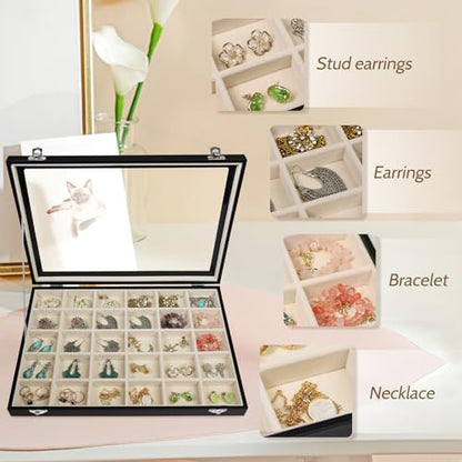 Stratalife 30 Grid Earring Organizer, Jewelry Holder Organizer with Lid | PU Leather Storage Box for Earring, Ring, Studs and Trinkets, Soft Velvet Drawer Organizer for Women, Dustproof, Beige Black