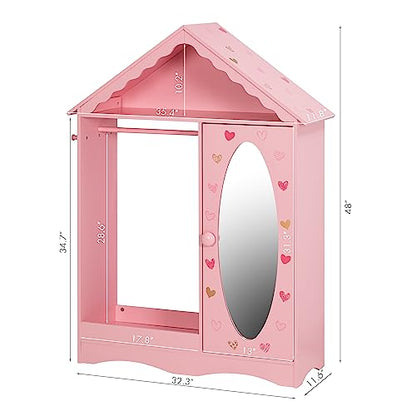 UTEX Dollhouse Kids Dress Up Wardrobe with Storage Cabinet and Mirror | Open Hanging Costume Organizer, Kids Wardrobe Closet, Water-based Paint for Kids Room, Playroom, Pink