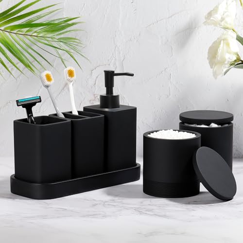 Bathroom Accessories Set, 6 Piece Soap Dispenser Set - Matte Black | Bathroom Set with Toothbrush Holders, Soap Dispenser, Vanity Tray, Tumbler, Cotton Swab Jars, Bathroom Organizer and Storage