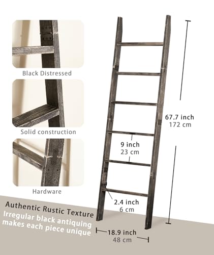 Blanket Ladder 6-Tier Washed Black, Rustic Towel & Quilt Display Rack | rustic black ladder for living room, bedroom or bathroom. Holds quilts, towels & blankets. Sturdy 6-tier wood. Easy assembly