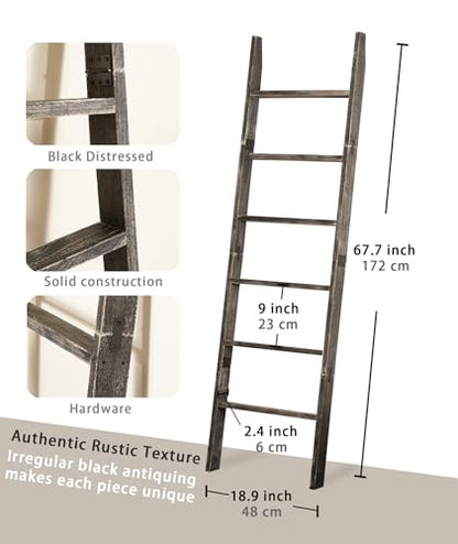 Blanket Ladder 6-Tier Washed Black, Rustic Towel & Quilt Display Rack | rustic black ladder for living room, bedroom or bathroom. Holds quilts, towels & blankets. Sturdy 6-tier wood. Easy assembly
