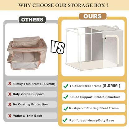 combocube 3-Side Zippered Openings Clothes Storage Bins with Thick Metal Frame, Stackable & Foldable Clothing Storage Bins with Lid, Linen Fabric Closet Storage Box with Large Clear Window, 3 Pack