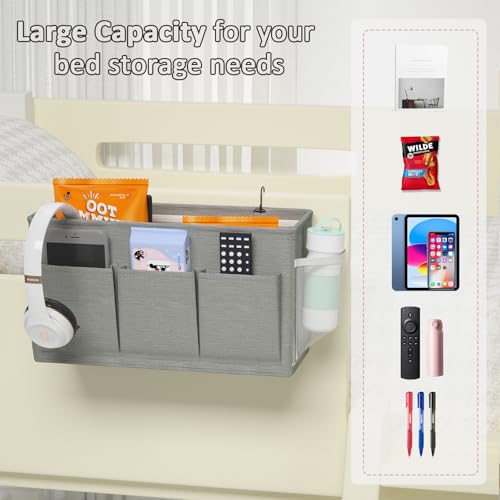 Bedside Caddy Storage Organizer for Bed Rails, Bed Caddy with 6 Pockets | Bedside Organizer with Fixed Straps and Hooks, Mattress Supported Versatile for Home, Dorm, Bunk, Hospital and Crib Bed