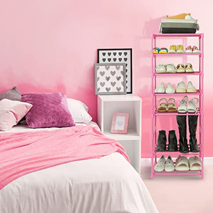 HITHIM 4-Tier Free Standing Pink Shoe Racks, Lightweight Stackable Shelf | 6-8 Pairs Shoe Storage for Girls/ Women/ Kids' Closet, Small Place Organizer for Entryway, Doorway and Closet