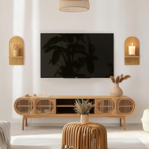 Boho Wall Decor Set of Two: Wood Wall Candle Holder | 3D Arch Design, Natural Minimalist Candle Sconces for Pillar or Plants, for Living Room, Bathroom, Nursery, Bedroom