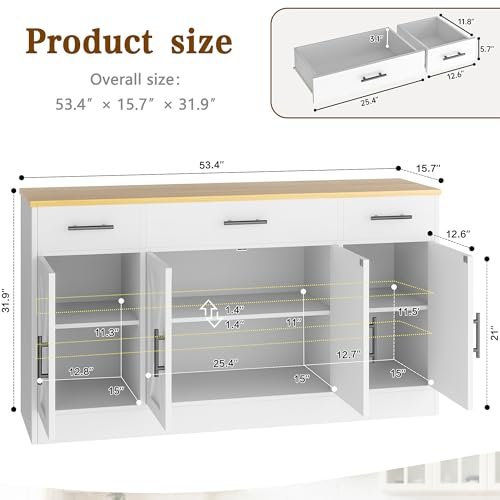 Vongrasig Buffet Cabinet with Storage, Farmhouse Coffee Bar Cabinet with Drawers, 53” Large Modern Sideboard Buffet with Adjustable Shelves for Kitchen, Dining Room, White